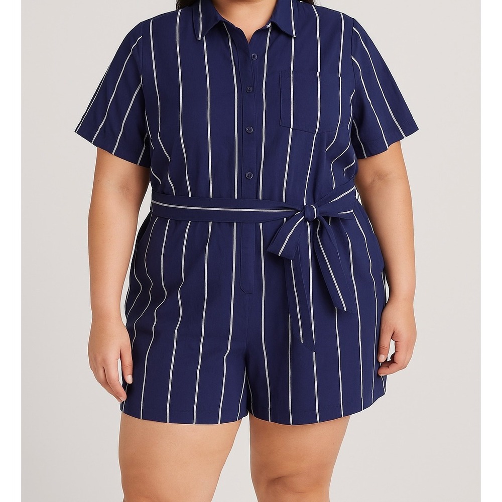 AVA & VIV Navy White Pin Stripe Button Front Belted Romper Plus Size‎ 1X